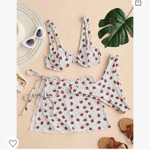 3 Piece Strawberry and Polka Dot Bikini with side a skirt cover up